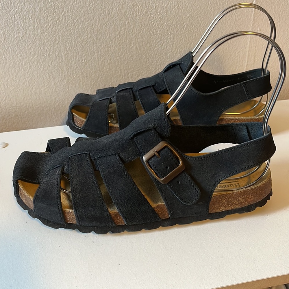 Hunters Run Black Suede Strappy Cork Sandals, size 9